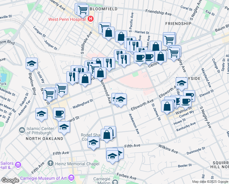 map of restaurants, bars, coffee shops, grocery stores, and more near 2 Bayard Road in Pittsburgh