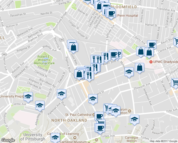 map of restaurants, bars, coffee shops, grocery stores, and more near 4712 Baum Boulevard in Pittsburgh