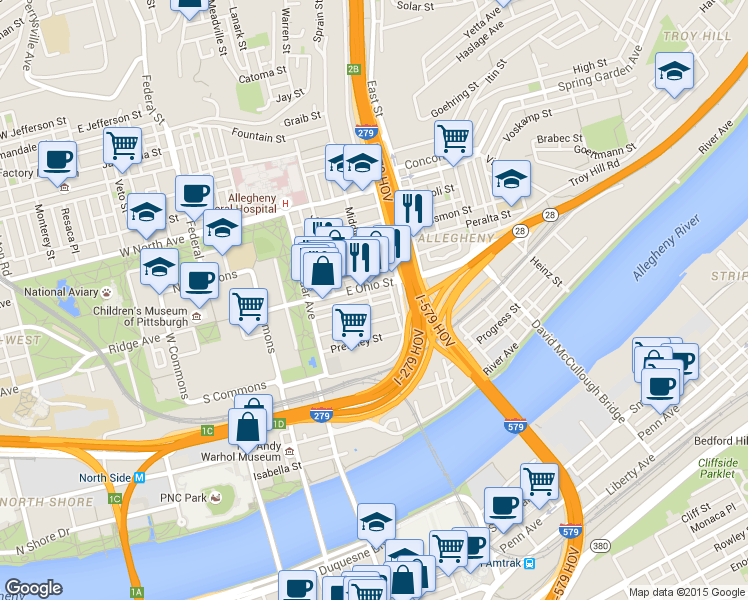 map of restaurants, bars, coffee shops, grocery stores, and more near in Pittsburgh