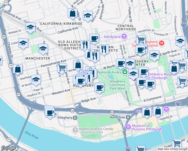 map of restaurants, bars, coffee shops, grocery stores, and more near 800 Beech Avenue in Pittsburgh