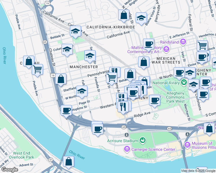 map of restaurants, bars, coffee shops, grocery stores, and more near 1106 Bidwell Street in Pittsburgh