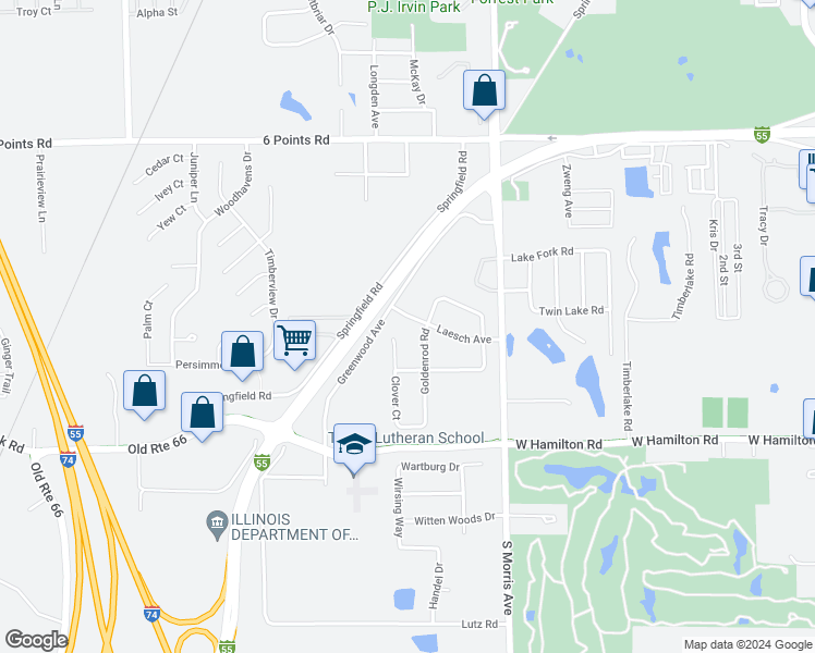 map of restaurants, bars, coffee shops, grocery stores, and more near 1022 Laesch Avenue in Bloomington