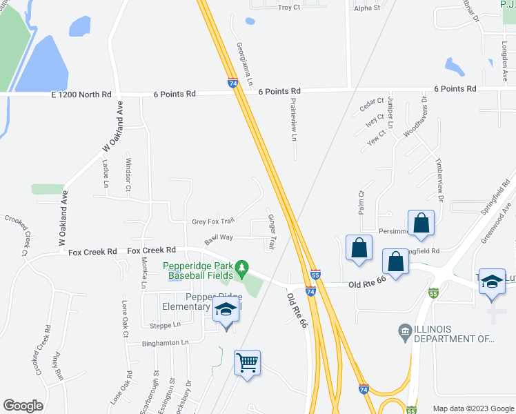 map of restaurants, bars, coffee shops, grocery stores, and more near 2408 Grey Fox Trail in Bloomington