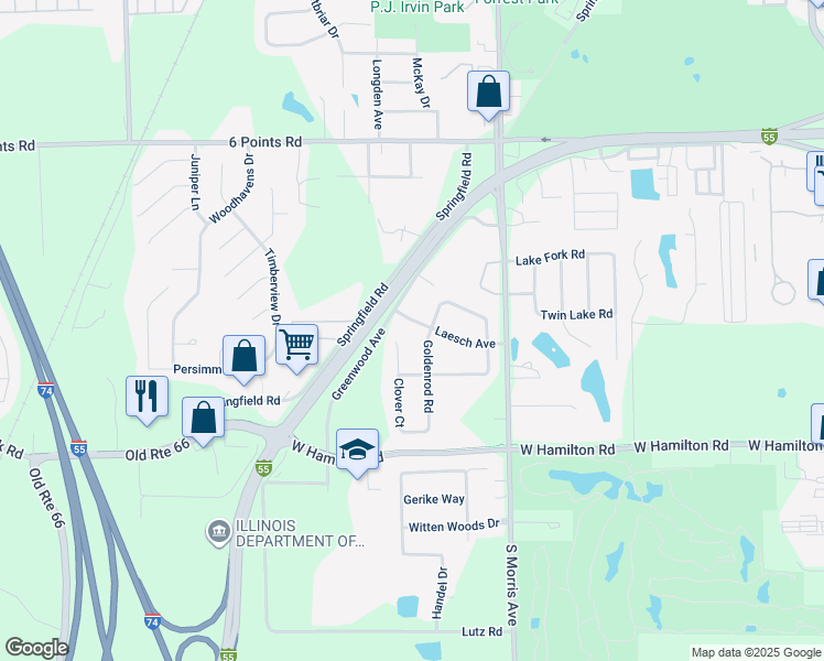 map of restaurants, bars, coffee shops, grocery stores, and more near 1022 Laesch Avenue in Bloomington