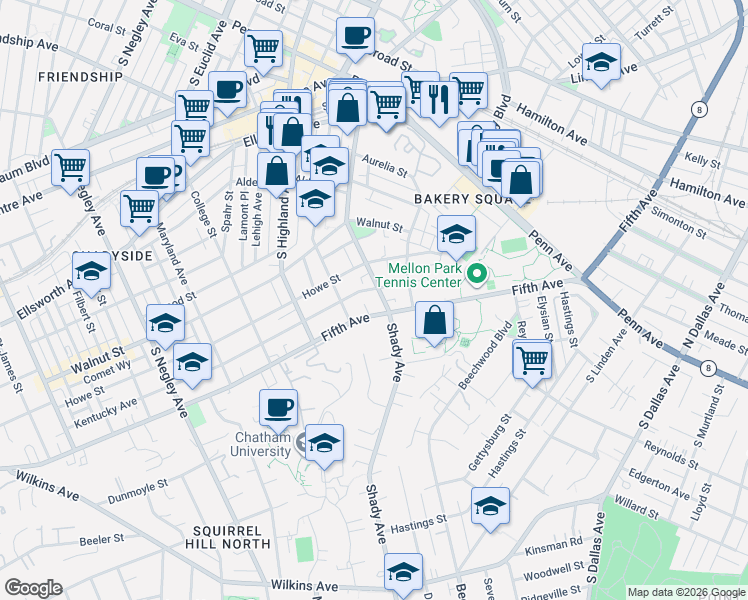 map of restaurants, bars, coffee shops, grocery stores, and more near 600 Shady Avenue in Pittsburgh
