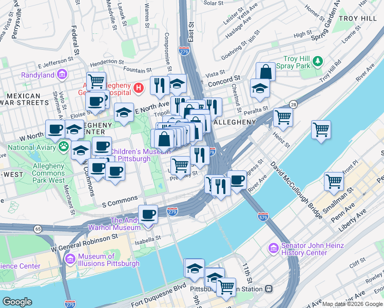 map of restaurants, bars, coffee shops, grocery stores, and more near in Pittsburgh