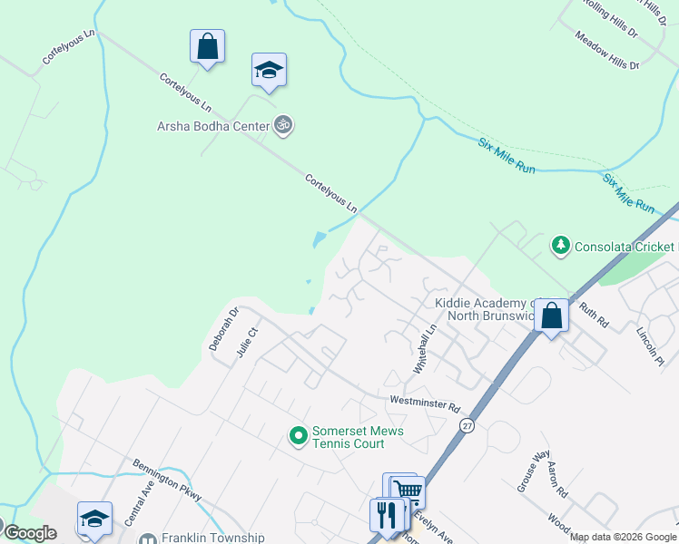 map of restaurants, bars, coffee shops, grocery stores, and more near 9 Brook Street in Franklin Township