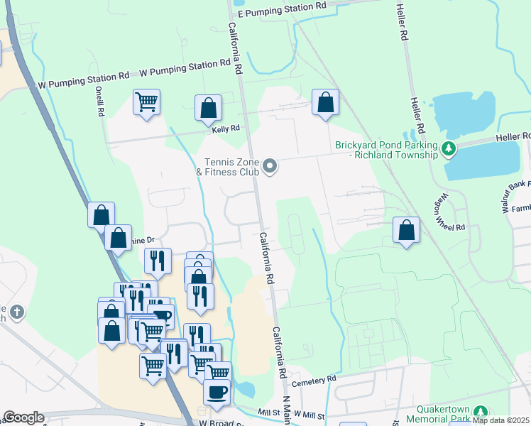 map of restaurants, bars, coffee shops, grocery stores, and more near 377 California Road in Quakertown