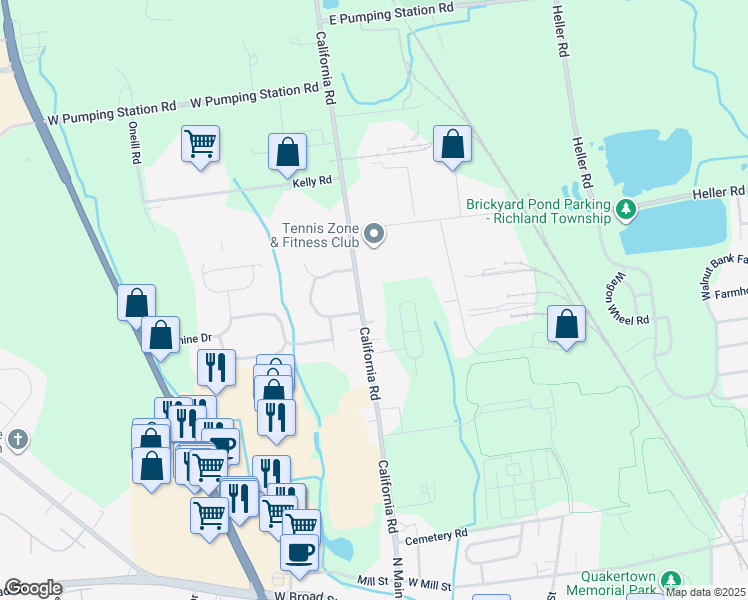 map of restaurants, bars, coffee shops, grocery stores, and more near 377 California Road in Quakertown