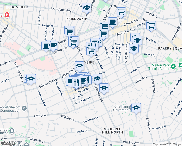 map of restaurants, bars, coffee shops, grocery stores, and more near 703 South Negley Avenue in Pittsburgh