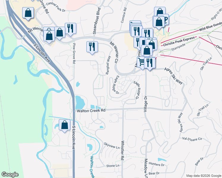 map of restaurants, bars, coffee shops, grocery stores, and more near 1260 Eagle Glen Drive in Steamboat Springs