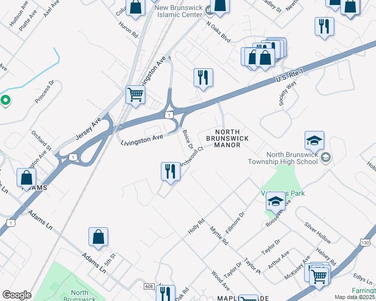map of restaurants, bars, coffee shops, grocery stores, and more near 3301 Birchwood Court in North Brunswick Township