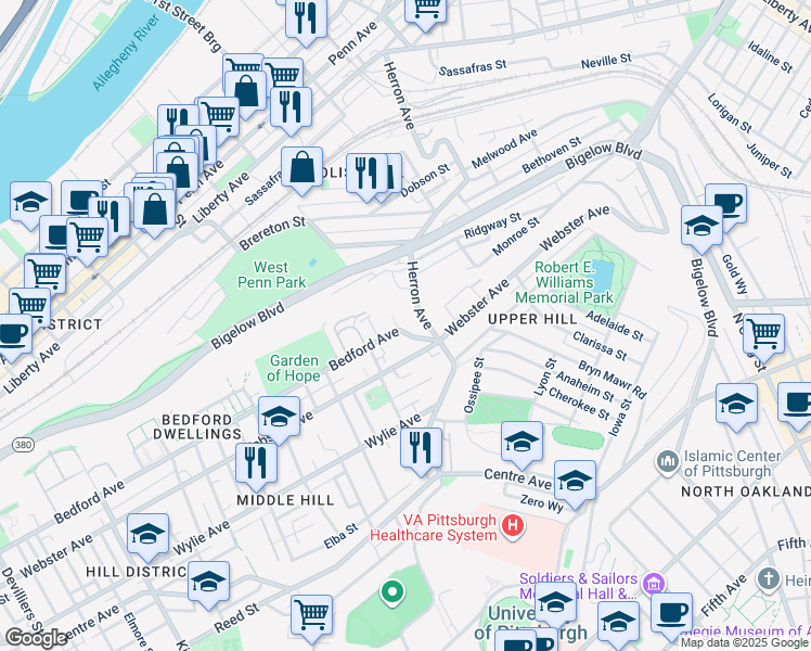 map of restaurants, bars, coffee shops, grocery stores, and more near 3003 Bedford Ave in Pittsburgh