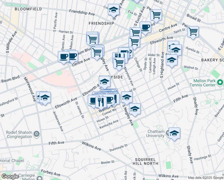 map of restaurants, bars, coffee shops, grocery stores, and more near 5611 Elmer Street in Pittsburgh
