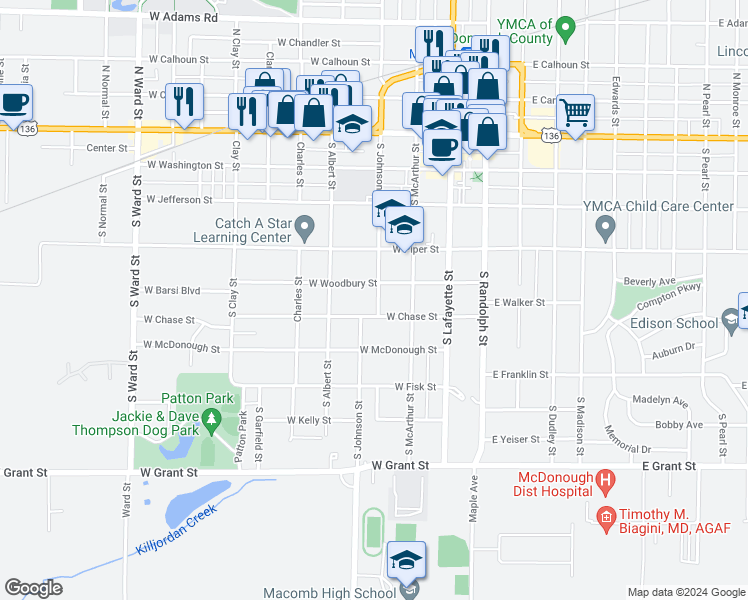 map of restaurants, bars, coffee shops, grocery stores, and more near 518 South Johnson Street in Macomb