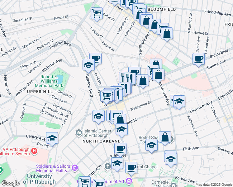 map of restaurants, bars, coffee shops, grocery stores, and more near 4712 Baum Boulevard in Pittsburgh