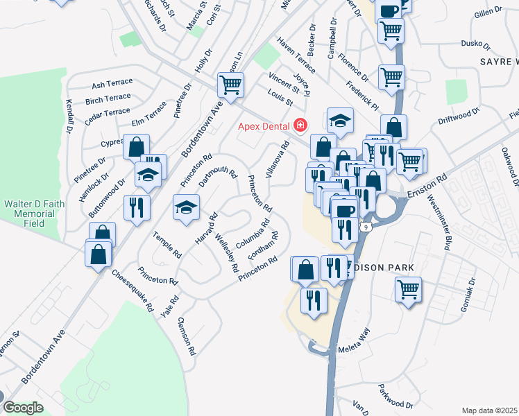 map of restaurants, bars, coffee shops, grocery stores, and more near 131 Princeton Road in Old Bridge
