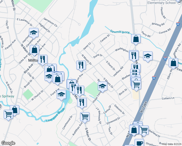 map of restaurants, bars, coffee shops, grocery stores, and more near 6 Bruce Court in Milltown