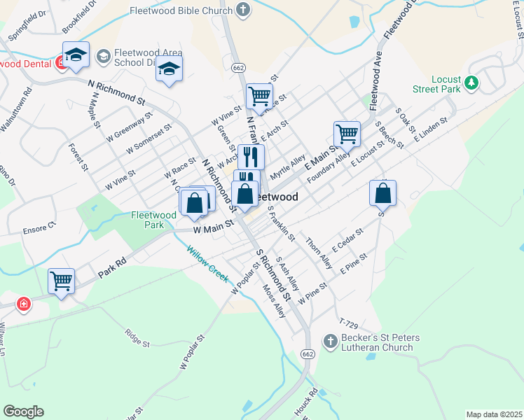 map of restaurants, bars, coffee shops, grocery stores, and more near 18 West Main Street in Fleetwood