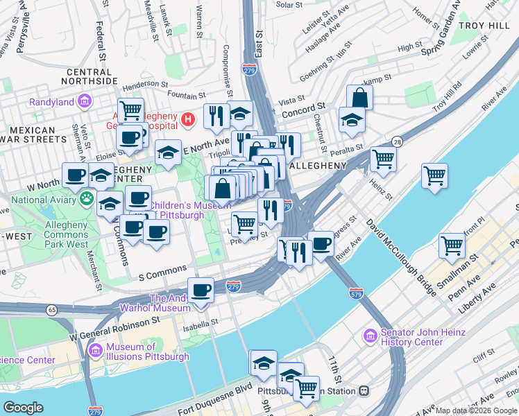 map of restaurants, bars, coffee shops, grocery stores, and more near in Pittsburgh