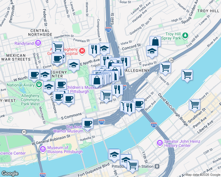 map of restaurants, bars, coffee shops, grocery stores, and more near in Pittsburgh