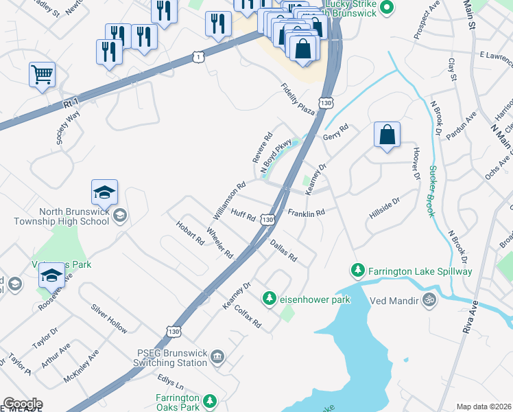 map of restaurants, bars, coffee shops, grocery stores, and more near 394 Franklin Road in North Brunswick Township