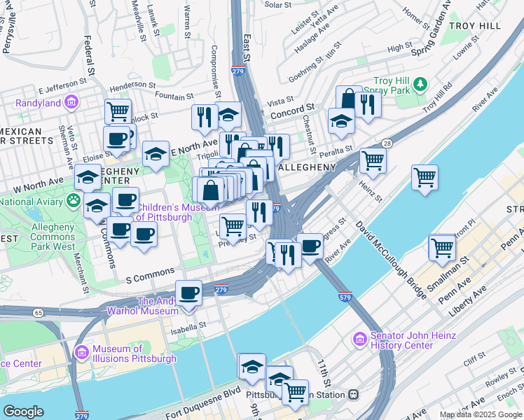 map of restaurants, bars, coffee shops, grocery stores, and more near Avery St & Nash St in Pittsburgh