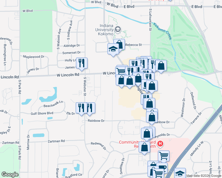 map of restaurants, bars, coffee shops, grocery stores, and more near 3223 Frances Lane in Kokomo
