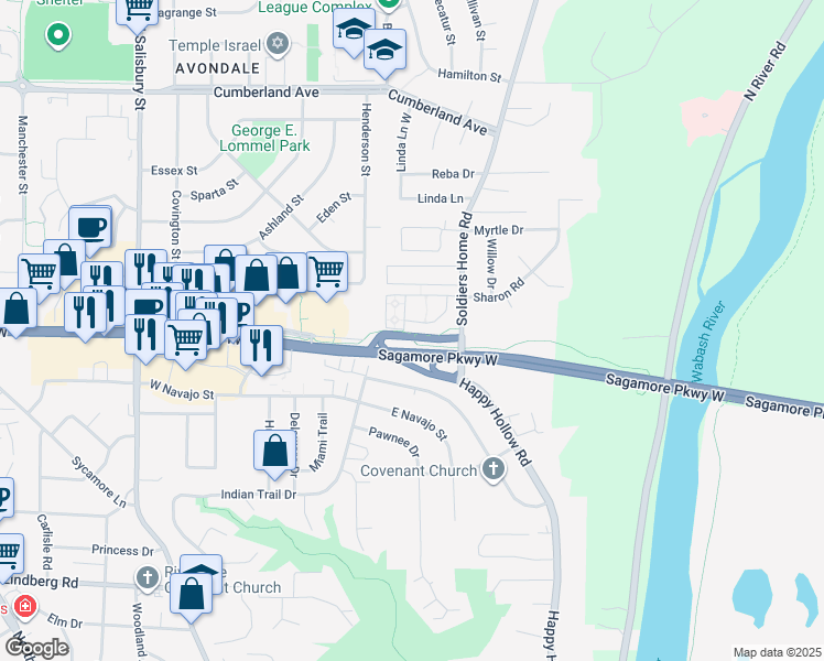 map of restaurants, bars, coffee shops, grocery stores, and more near 120 Sagamore Parkway North in Lafayette