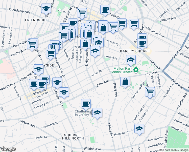 map of restaurants, bars, coffee shops, grocery stores, and more near in Pittsburgh