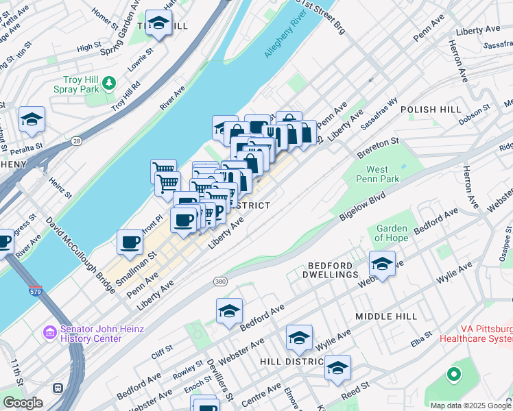 map of restaurants, bars, coffee shops, grocery stores, and more near Liberty Avenue & 25th Street in Pittsburgh