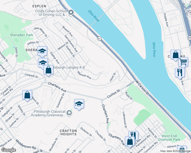 map of restaurants, bars, coffee shops, grocery stores, and more near 2617 Stafford Street in Pittsburgh
