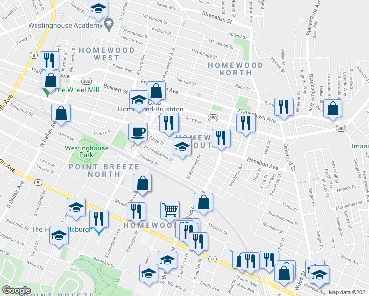 map of restaurants, bars, coffee shops, grocery stores, and more near 562 North Dunfermline Street in Pittsburgh