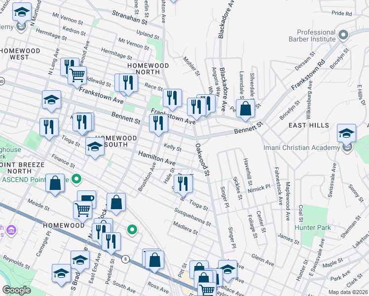 map of restaurants, bars, coffee shops, grocery stores, and more near 7801 Kelly Street in Pittsburgh