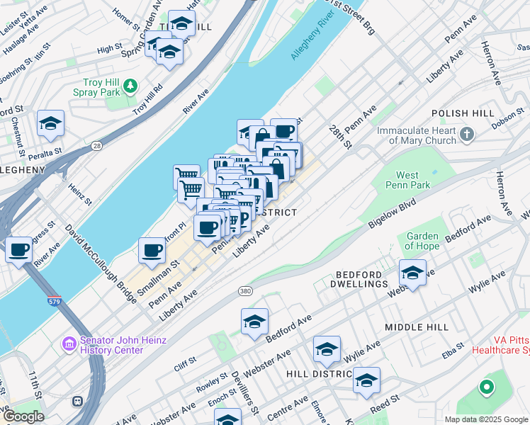 map of restaurants, bars, coffee shops, grocery stores, and more near in Pittsburgh