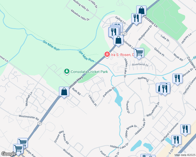map of restaurants, bars, coffee shops, grocery stores, and more near 9 Lincoln Place in North Brunswick Township