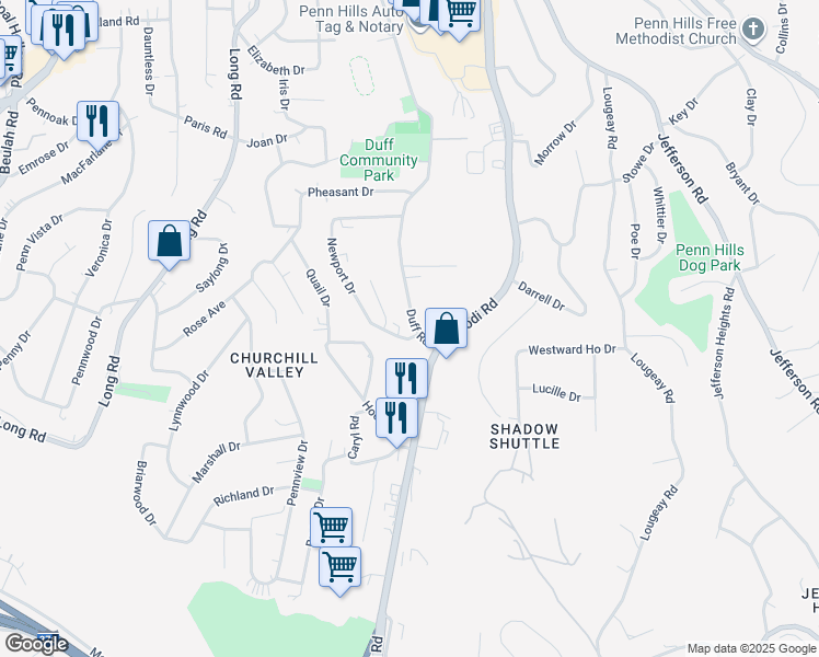 map of restaurants, bars, coffee shops, grocery stores, and more near 651 Newport Drive in Pittsburgh