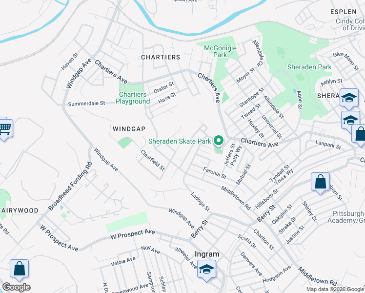 map of restaurants, bars, coffee shops, grocery stores, and more near 1403 Evanston Street in Pittsburgh