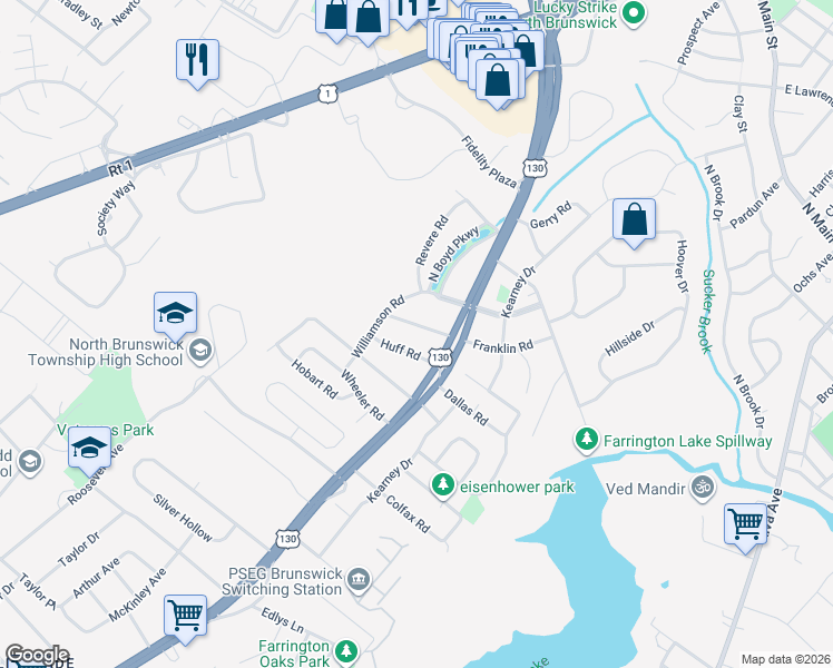 map of restaurants, bars, coffee shops, grocery stores, and more near 394 Franklin Road in North Brunswick Township