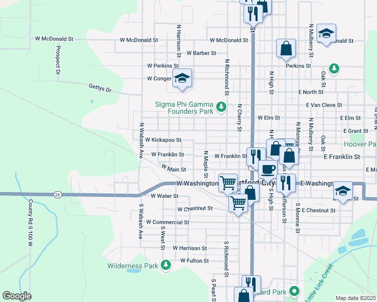 map of restaurants, bars, coffee shops, grocery stores, and more near 708 W Franklin St in Hartford City