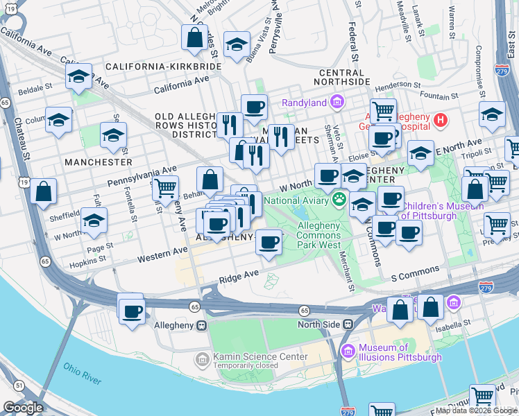 map of restaurants, bars, coffee shops, grocery stores, and more near 800 Beech Avenue in Pittsburgh