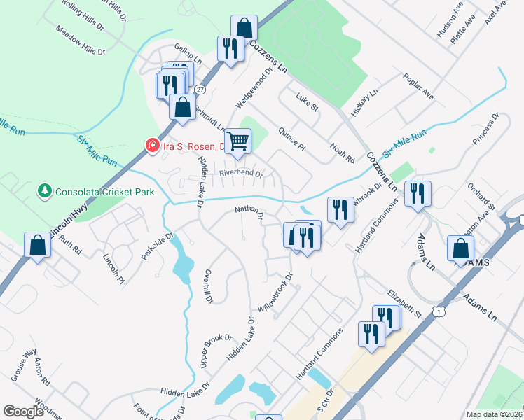 map of restaurants, bars, coffee shops, grocery stores, and more near 102 Nathan Drive in North Brunswick Township
