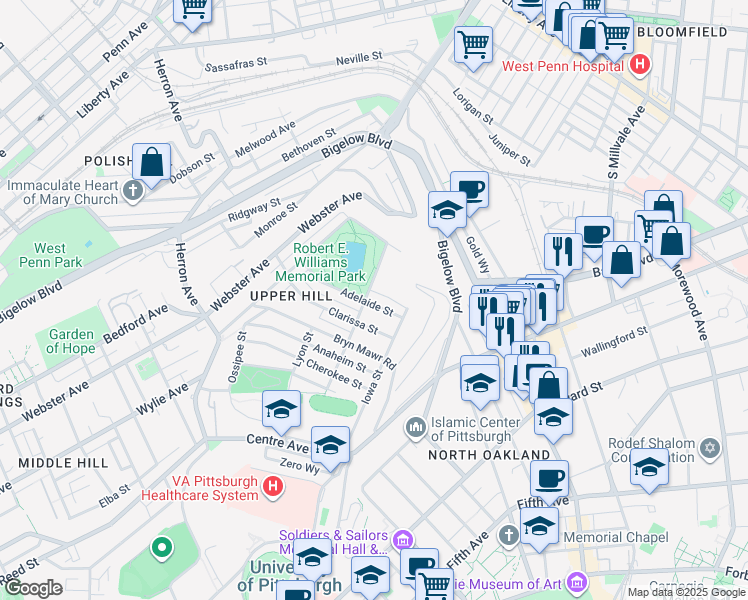 map of restaurants, bars, coffee shops, grocery stores, and more near 907 Adelaide Street in Pittsburgh