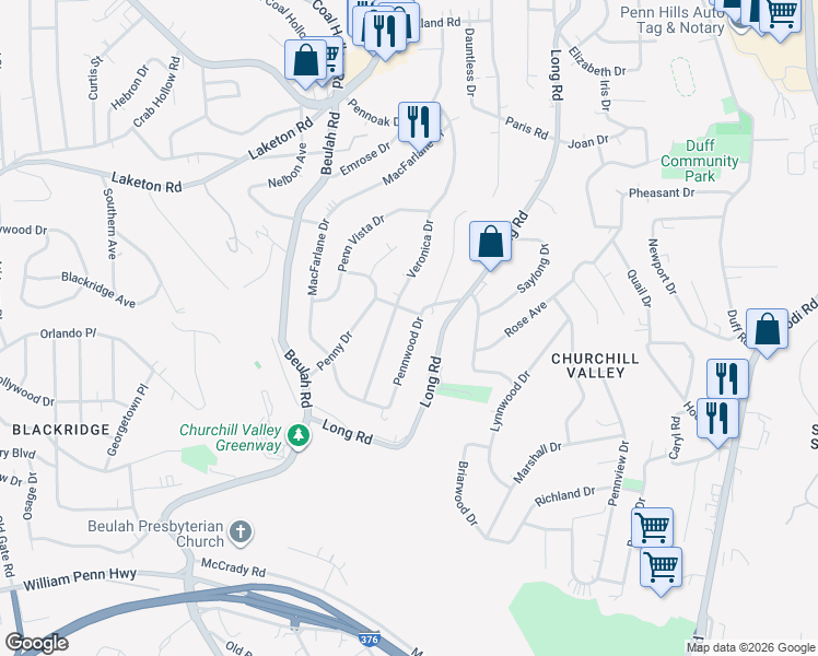 map of restaurants, bars, coffee shops, grocery stores, and more near 712 Veronica Drive in Pittsburgh
