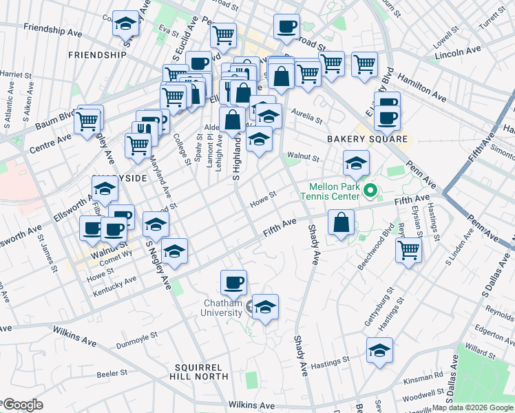 map of restaurants, bars, coffee shops, grocery stores, and more near in Pittsburgh