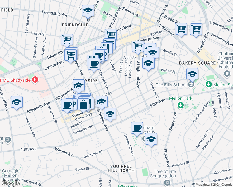 map of restaurants, bars, coffee shops, grocery stores, and more near 725 Maryland Avenue in Pittsburgh