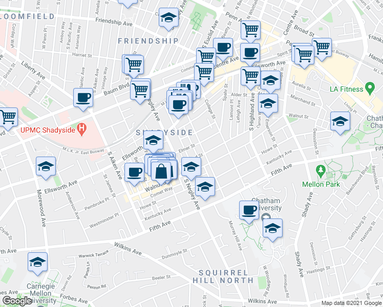 map of restaurants, bars, coffee shops, grocery stores, and more near 705 Summerlea Street in Pittsburgh