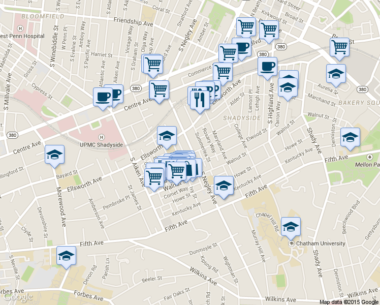 map of restaurants, bars, coffee shops, grocery stores, and more near 5611 Elmer Street in Pittsburgh