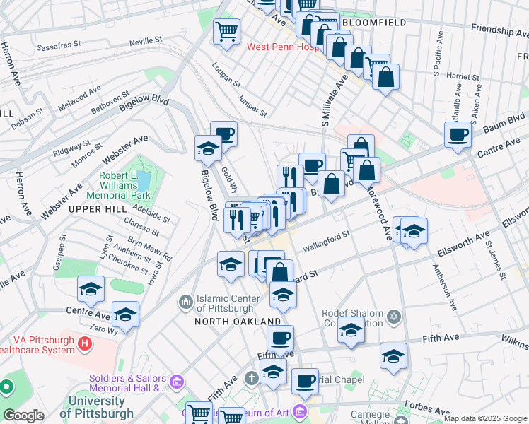 map of restaurants, bars, coffee shops, grocery stores, and more near 346 Melwood Avenue in Pittsburgh