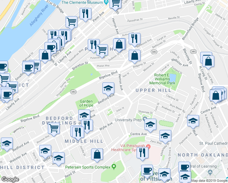 map of restaurants, bars, coffee shops, grocery stores, and more near 3003 Bedford Avenue in Pittsburgh